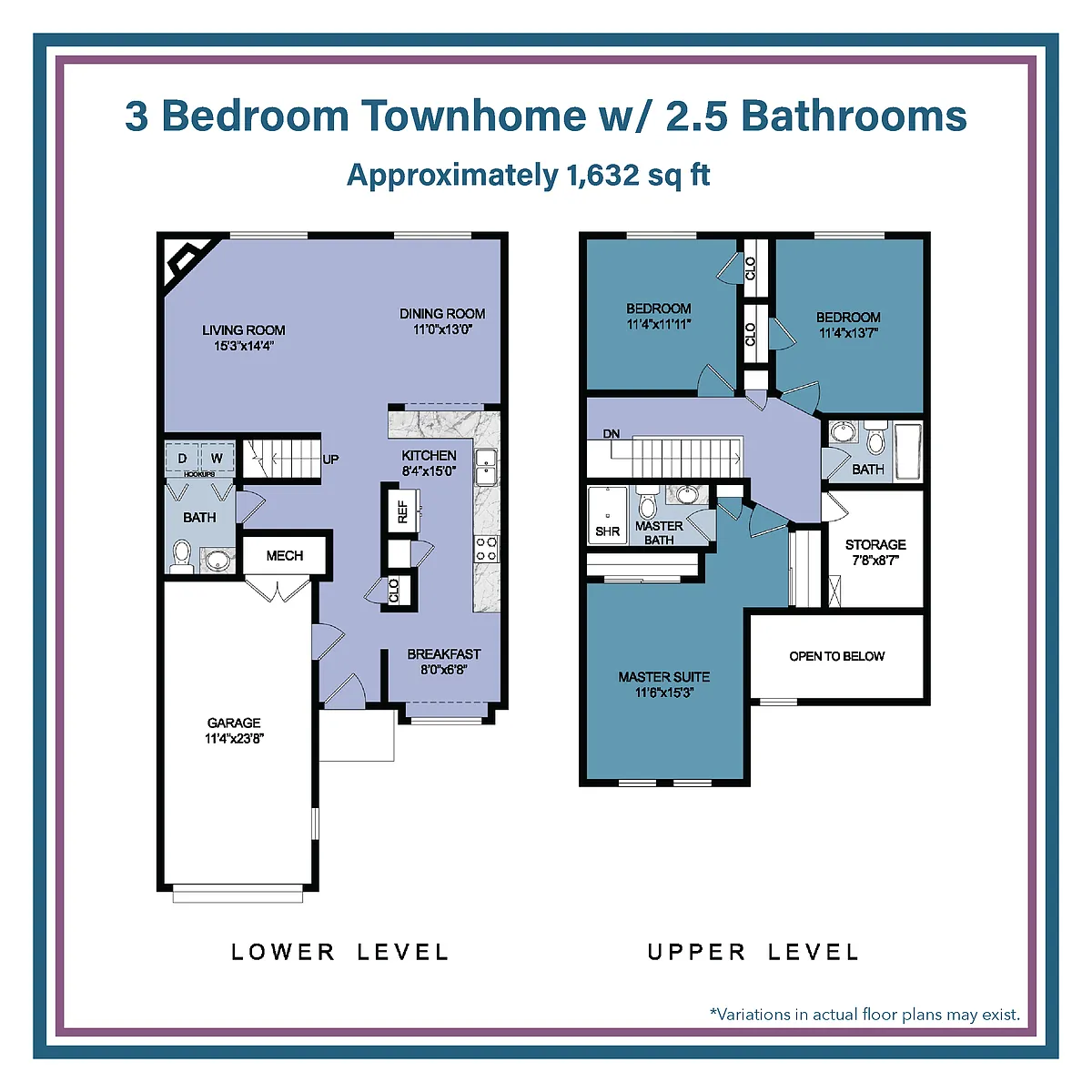 Floor plan 3 Bed Townhome with 2 full 1 half bath plus Garage