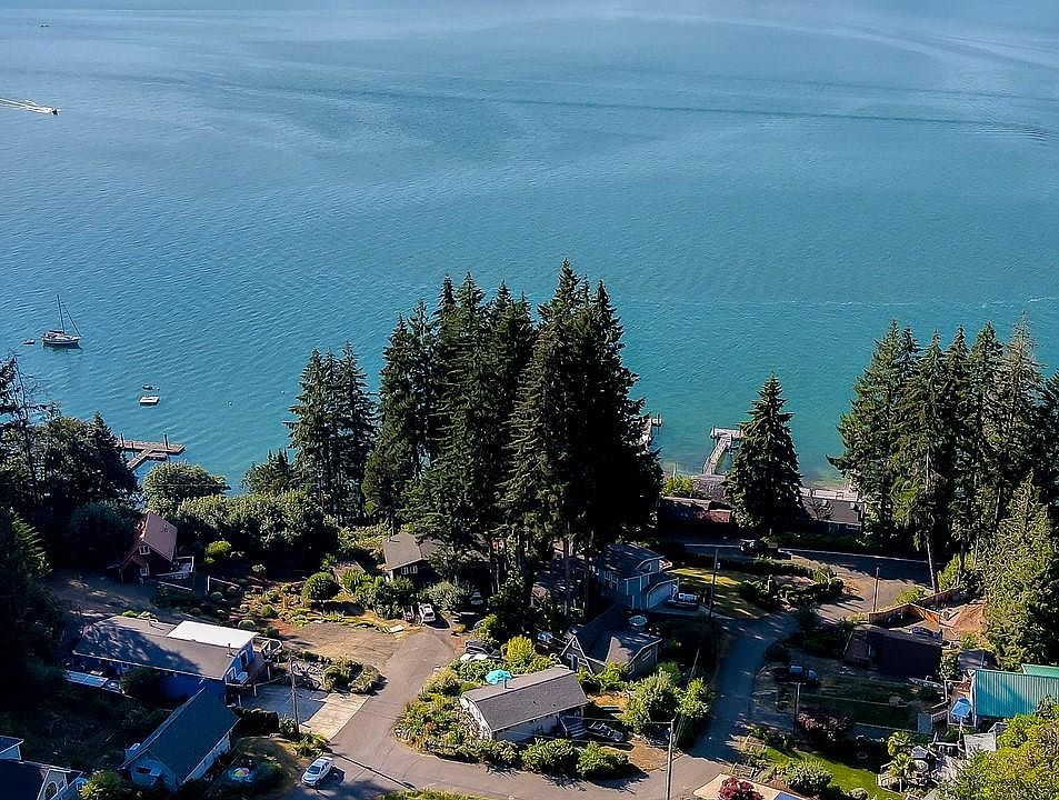 Drone view of property and the Hood Canal