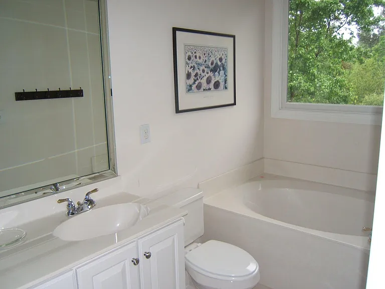Dual sinks and garden tub in master bath.