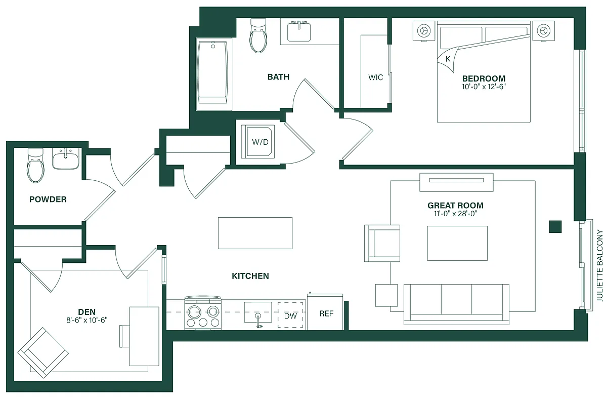 Floor plan 1 Bed/1.5 Bath Den-1K