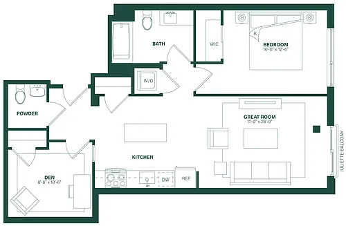Floor plan 1 Bed/1.5 Bath Den-1K