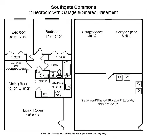 Floor plan 2 Bedroom with Garage & Shared Basement