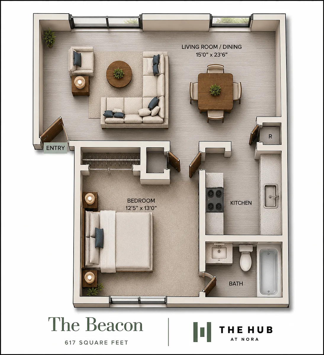 Floor plan One Bedroom One Bath - The Beacon