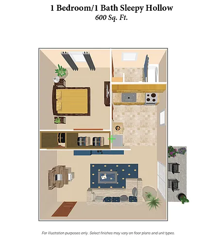 Floor plan 1 Bedroom, 1 Bath - Sleepy Hollow 600SqFt