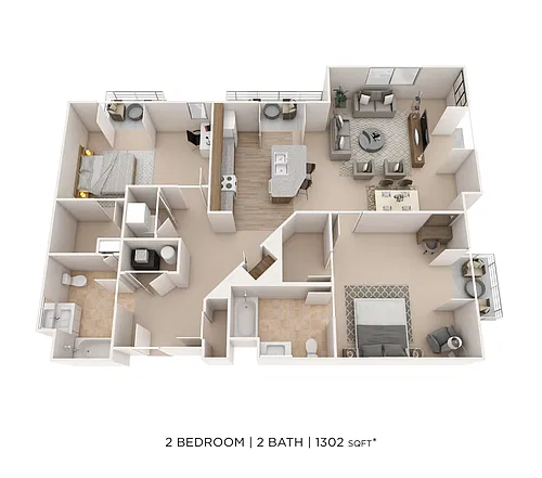 Floor plan Two Bedroom 2 Bath- 1302 sqft