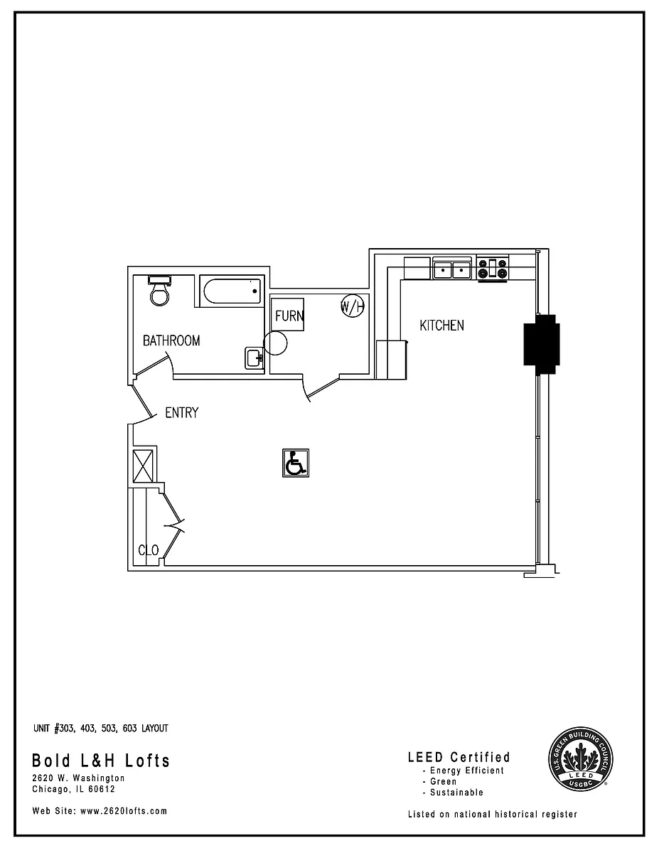 Floor plan One Bedroom - Units 303, 403, 503, 603