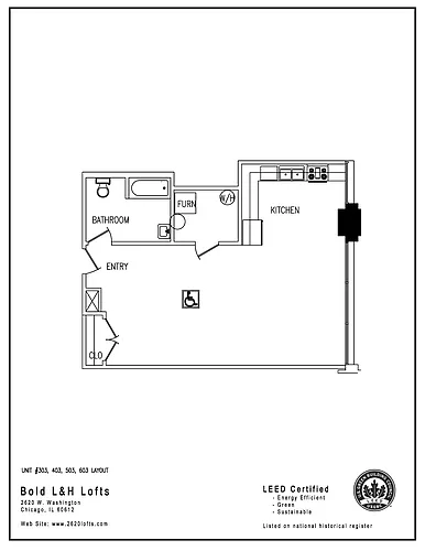 Floor plan One Bedroom - Units 303, 403, 503, 603