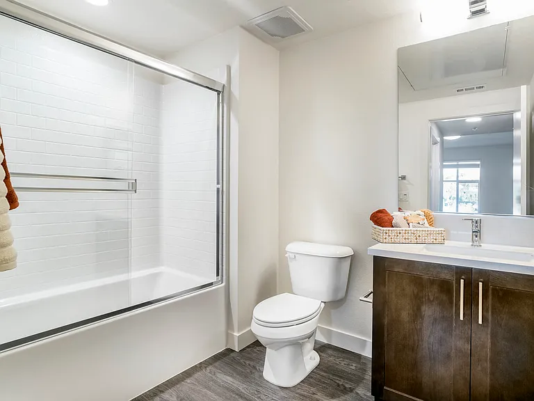 The Harrington bathroom vanity, toilet, and shower