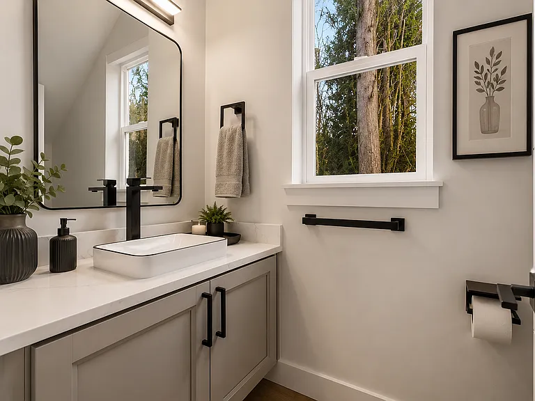 Downstairs powder bathroom. 

Photos may include AI-generated virtual staging to help visualize the home's potential. Finishes and layout remain unchanged.