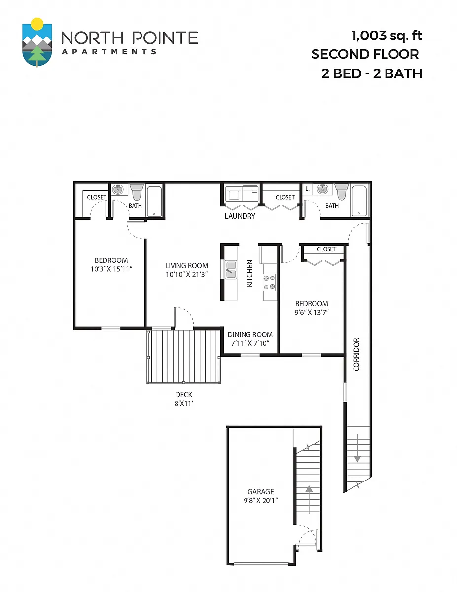 Floor plan 2 Bed, 2 Bath - 1,003 sq ft