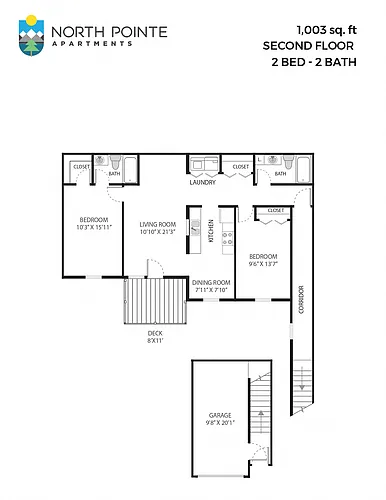 Floor plan 2 Bed, 2 Bath - 1,003 sq ft