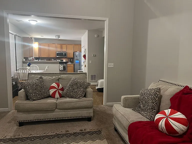Open-concept living area with comfortable seating that flows into the dining space and kitchen with ample cabinetry.