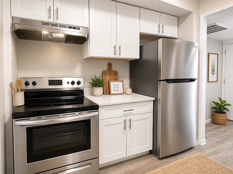 Modern kitchen with cozy decor and accent wall