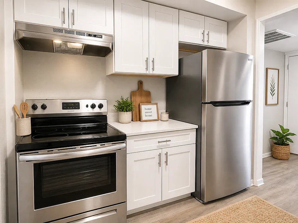 Modern kitchen with cozy decor and accent wall