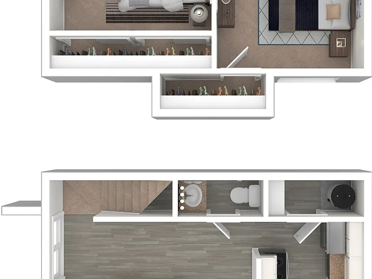 3D Furnished Rendering of 2-Bedroom Floor Plan 3D Furnished Rendering of 2-Bedroom Floor Plan