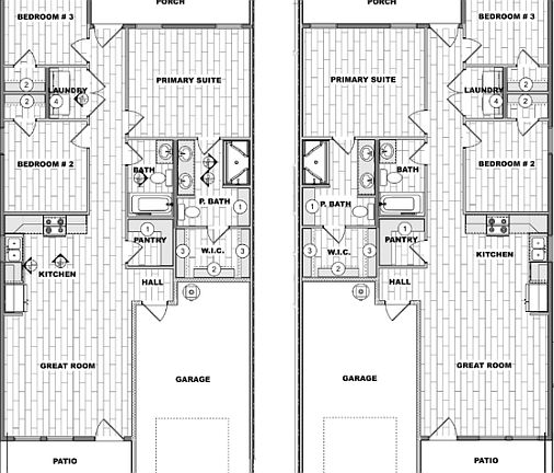 Black and white floor plans for two nearly identical units, each with three bedrooms, two bathrooms,