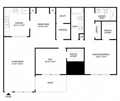 Floor plan 1 Bed 2 Bath Den