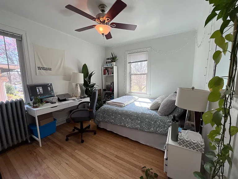 This is a different unit's bedroom. Available unit bedrooms are nearly identical, but are carpeted.
