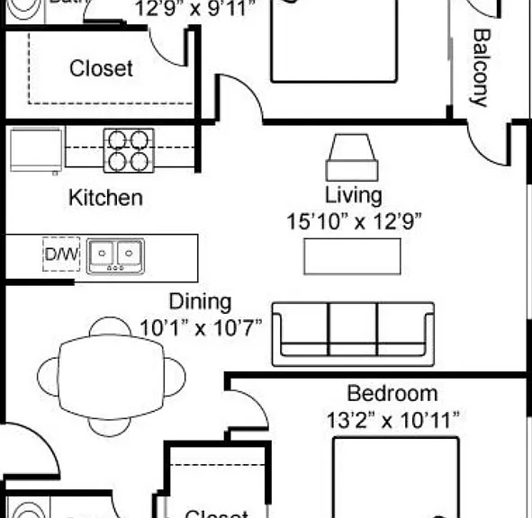 2 Bedroom 2 Bath Floorplan Diagram