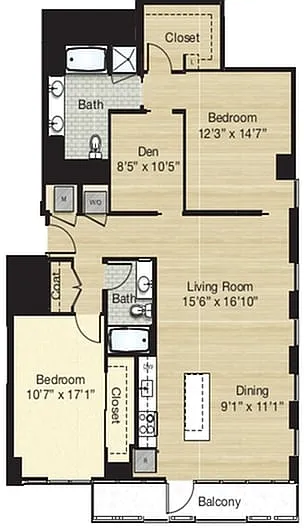 Floor plan 2 Bed/2 Bath Den-Medium