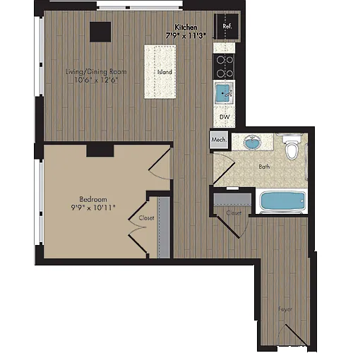 Floor plan 1 Bed/1 Bath 1.1c - 60%