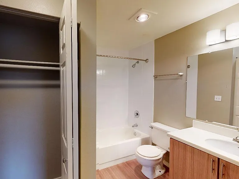 Apartment bathroom with wood-style flooring.