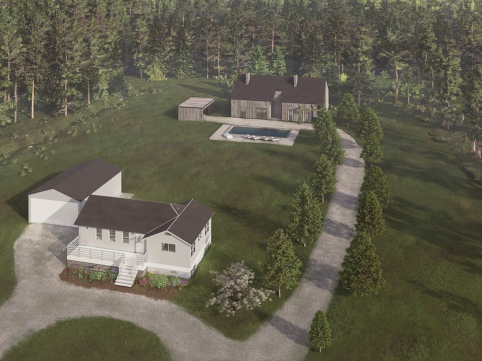 Site plan layout showing the existing cottage with a RENDERING of a brand new main house in back!