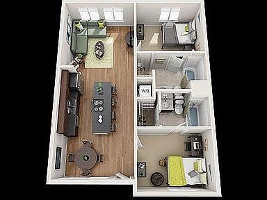 The floorplan only includes one bedroom and bathroom with the rest of the apartment. The second bedroom and bathroom are closed off.