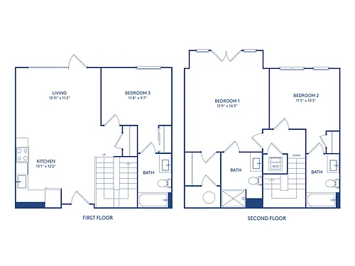 Floor plan 3 BR 3 BA (1262 SF)