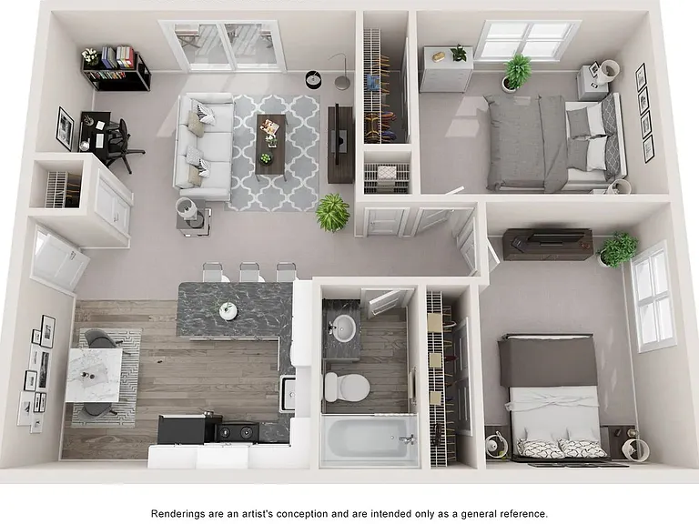 A 3D floor plan rendering of The Colonial.
