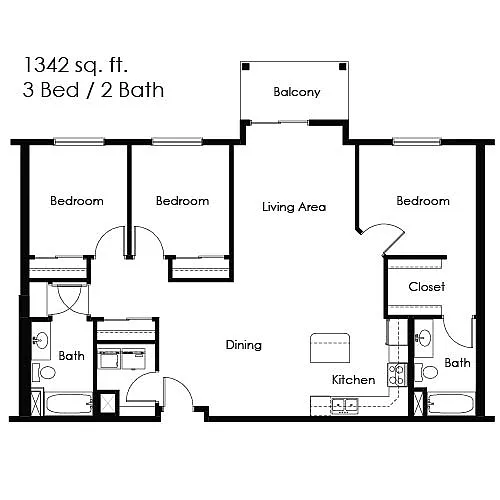 Floor plan 3 Bed / 2 Bath 1342 sq ft 2nd/3rd Floor