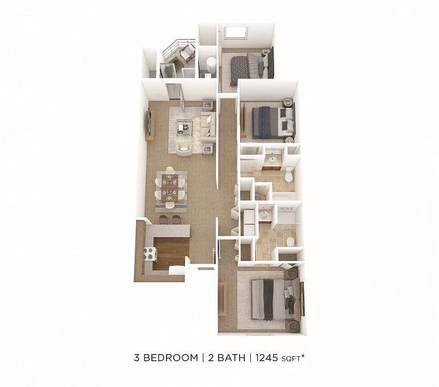 Floor plan Three Bedroom 2 Bath- 1245 sqft