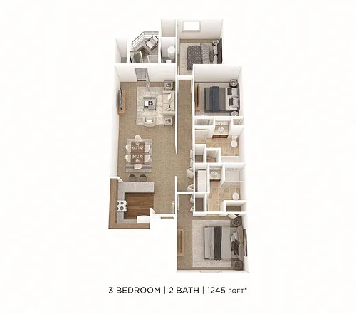 Floor plan Three Bedroom 2 Bath- 1245 sqft
