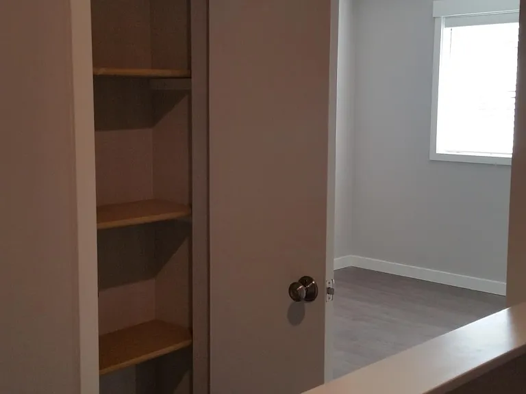 Upstairs linen closet in hallway. bedroom in background