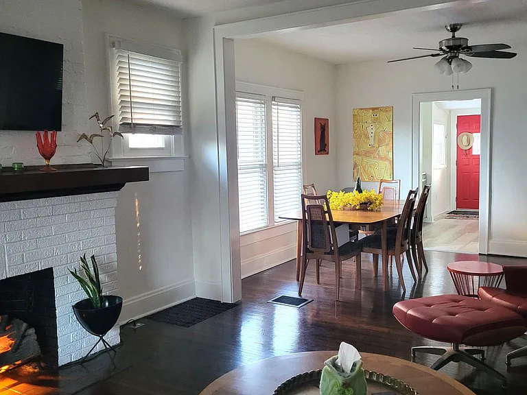 coming in front door to living room, 
 view of dining room and kitchen ahead
