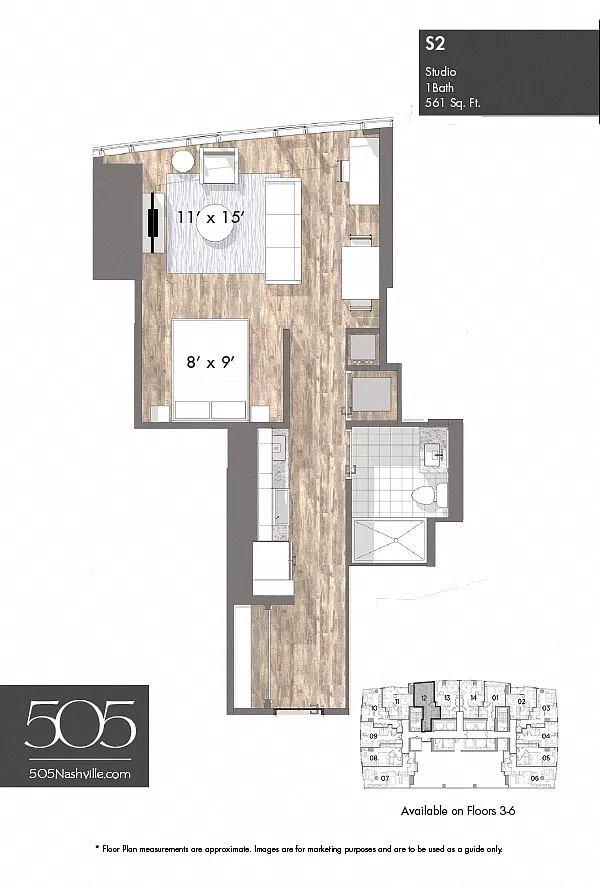 Floor plan 505 Studio Stack 12 Floors 3-6
