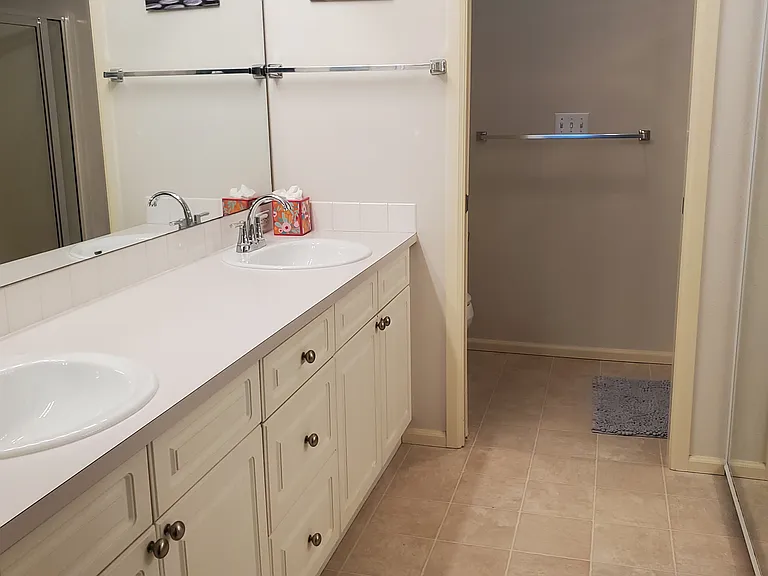 Master bathroom with double sinks, shower, toilet and walk-in closet