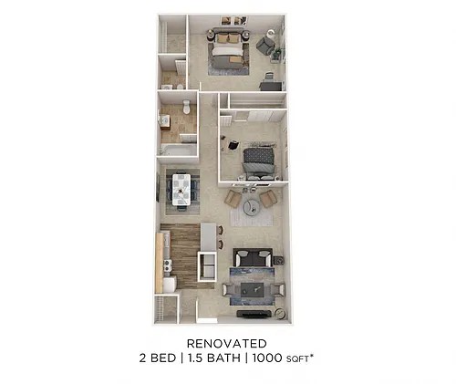 Floor plan Two Bedroom 1.5 Bath - 1,000 sqft