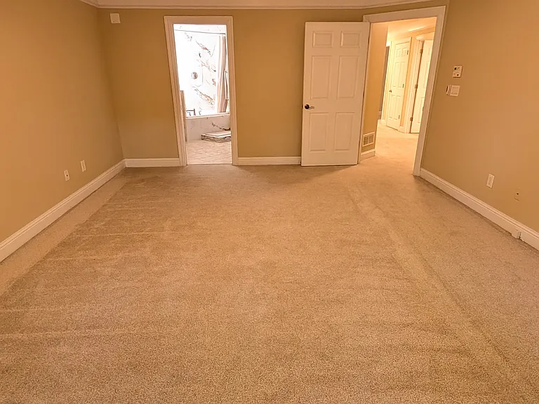 Huge master bedroom overlooking backyard deck and greenspace.