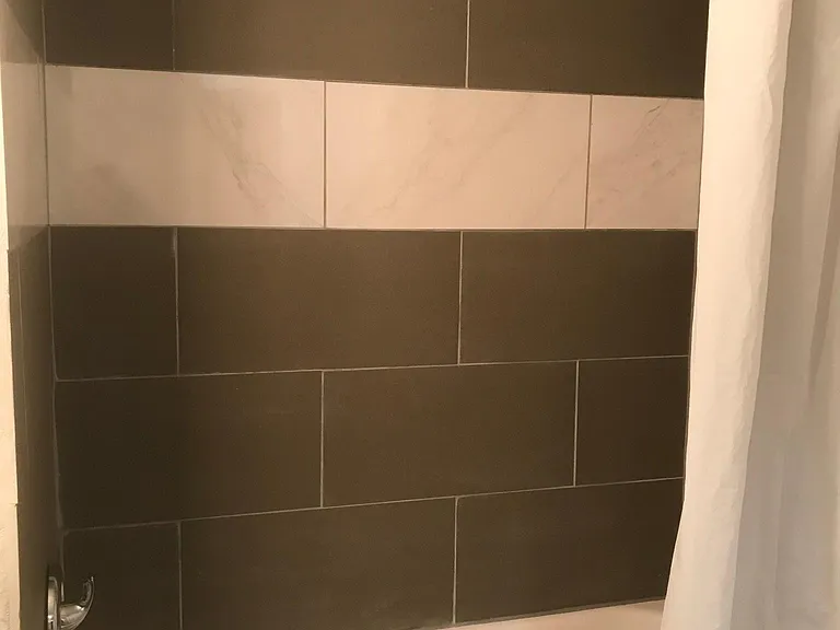 Stylish tiled shower.