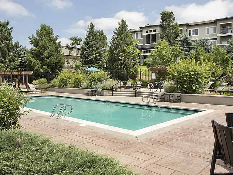 Apartment community resort style pool at Sagebrook in Colorado Springs, Colorado. .