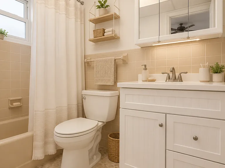 bathroom with bathtub and showerhead and new vanity