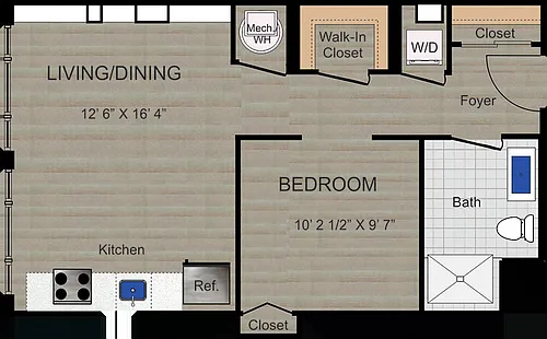 Floor plan 1Bd-1Ba- Tier 03