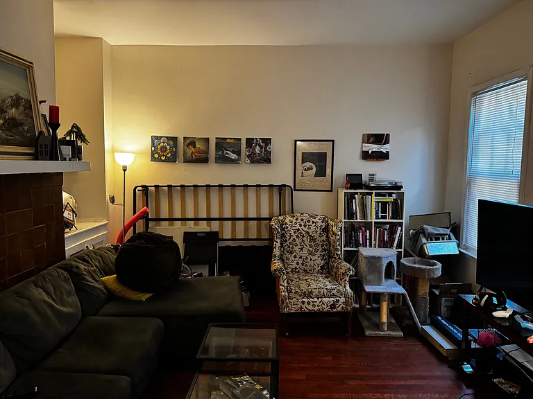 Living room. Fireplace and built-in book cases left wall.