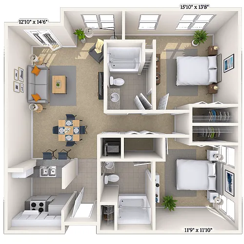 Floor plan Traditional 2x2 1011-1071 SF