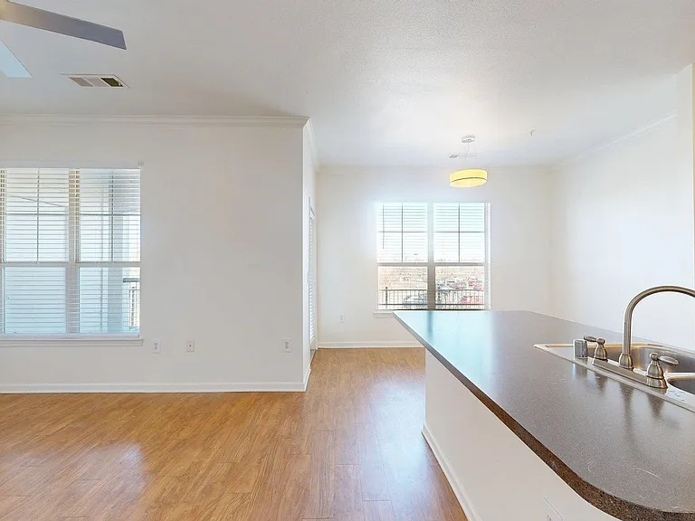 Apartment living room with wood-style flooring.