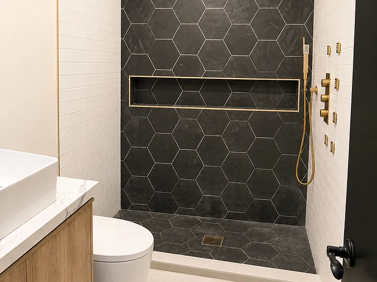 Guest bathroom with brand new vanity, toilet and shower with rainforest shower head and hers and handheld shower handle