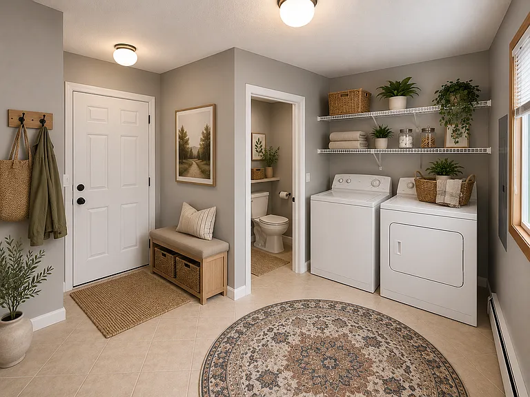 Mud room off of the garage with laundry and half bathroom.