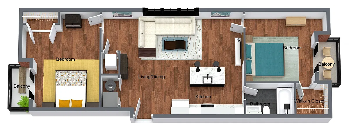 Floor plan 2 Bedroom 1 Bathroom w/Balcony