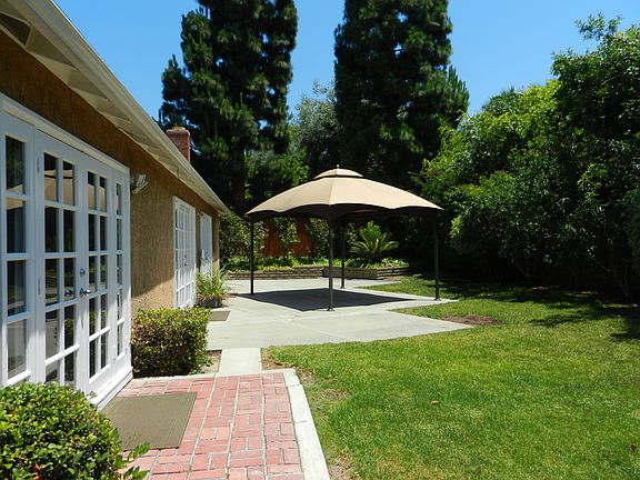 Backyard looking from downstairs master bedroom French doors.